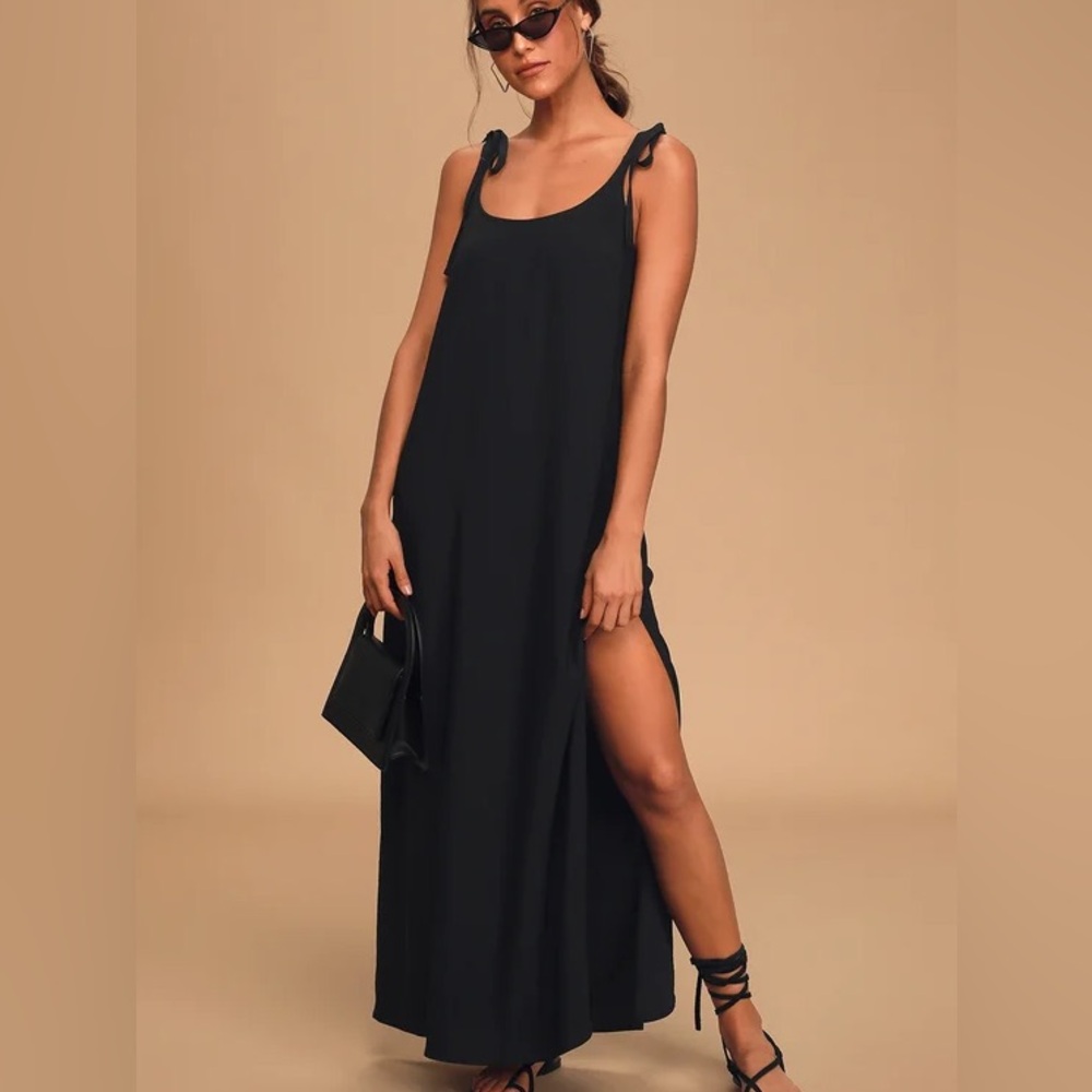Salt Water Breeze Black Tie-Strap Maxi Dress